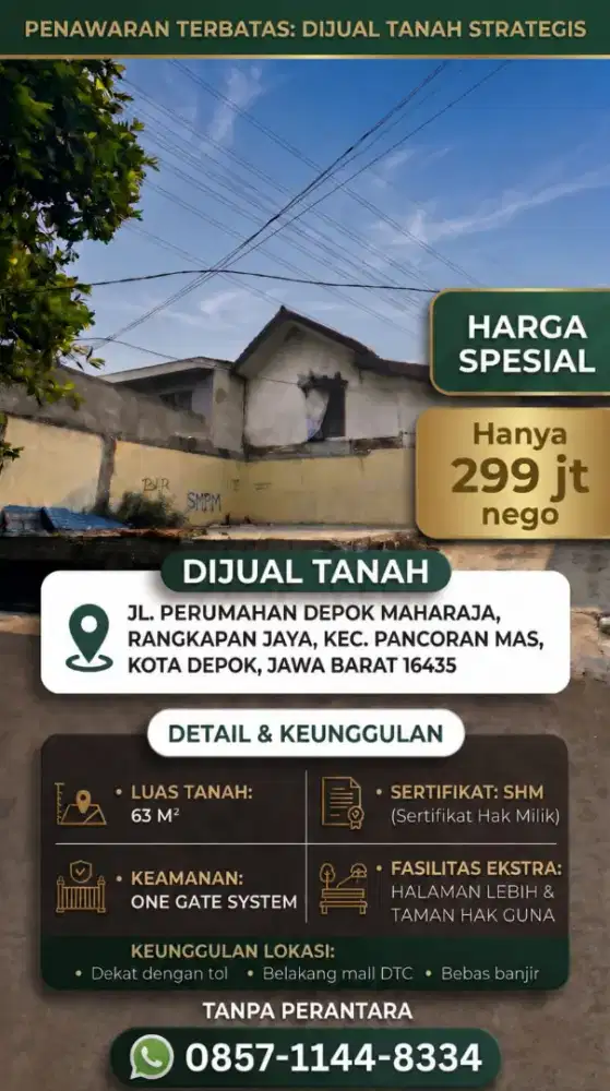 Tanah SHM 63m2 di Depok Maharaja - Belakang Mall DTC, Dekat Tol & KRL