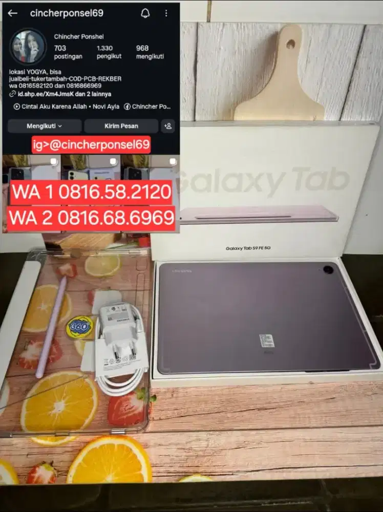 Jual tab SAMSUNG S9 fe 5g likenew bisa SIM grns resmi fullset original