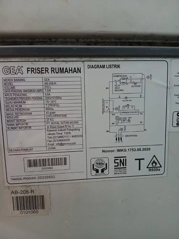 Freezer GEA model AB-208-R, Volume 210 L, second, Lokasi serpong utara