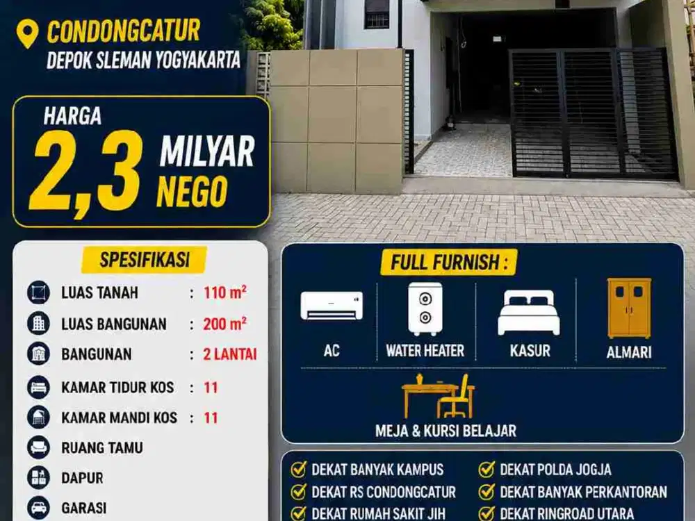 DIJUAL KOS BARU FULL FURNISH CONDONGCATUR SLEMAN
Investasi prospektif dekat kampus, RS JIH & Pakuwon Mall ✨