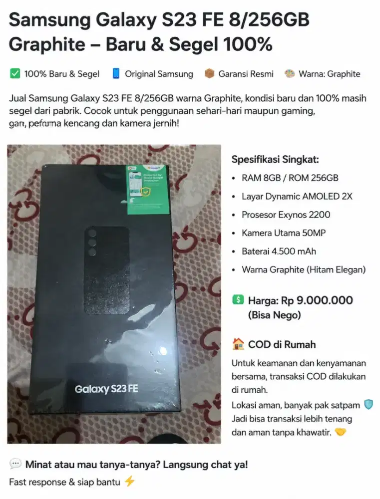 Samsung Galaxy S23 FE 8/256GB Graphite baru Segel 100% Original