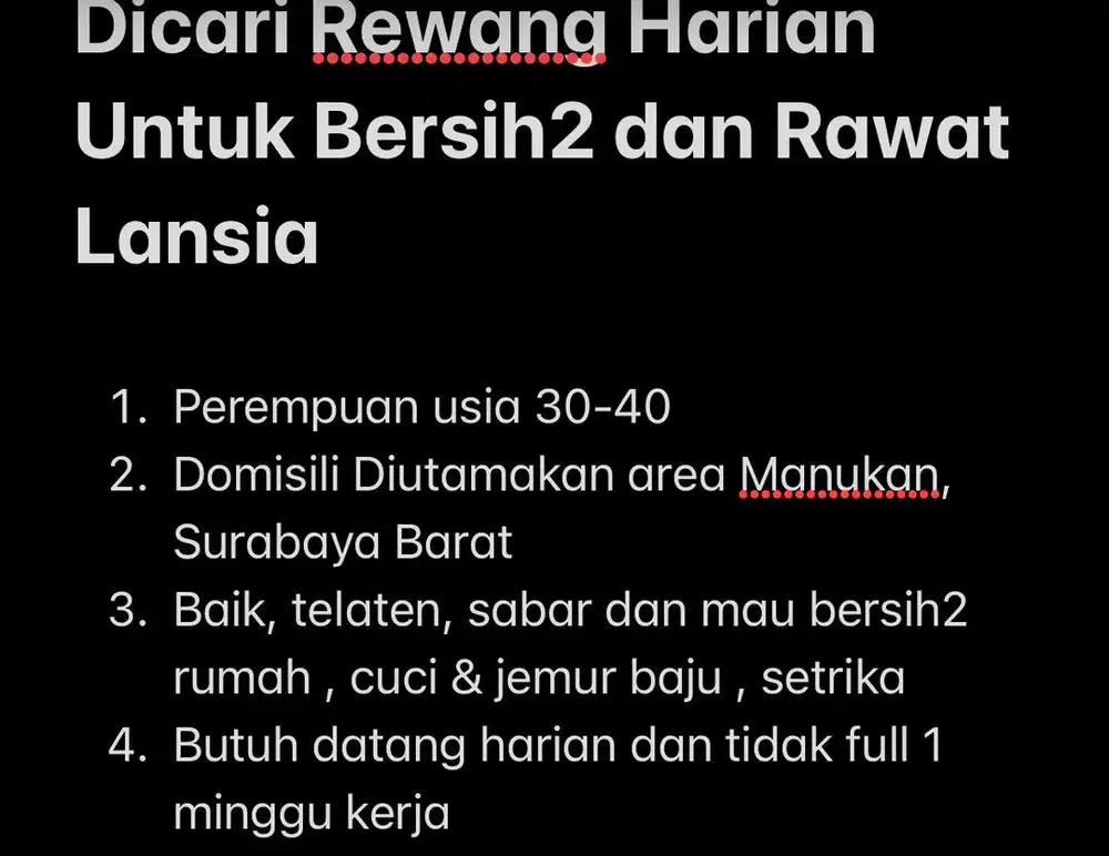 Dicari Rewang Harian Untuk Bersih2 dan Rawat Lansia