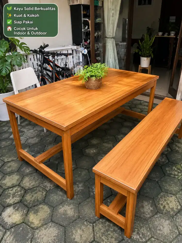 MEJA KAYU SOLID + BANGKU PANJANG