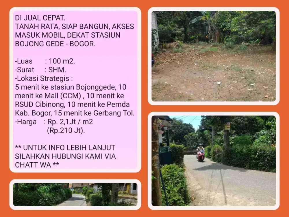 Tanah murah 100m SHM Strategis dekat Tol dan stasiun Bojonggede-Bogor.