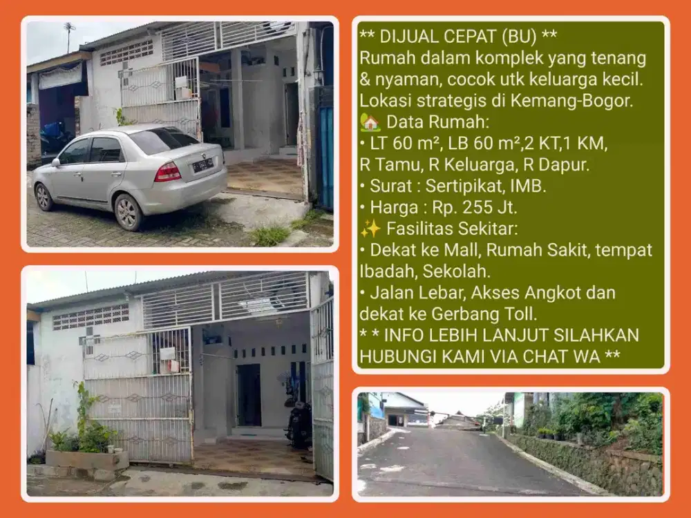 Rumah Murah di komplek Lt. 60/Lb.60 m2 Sertipikat siap Huni dekat tol di Kemang-Bogor.