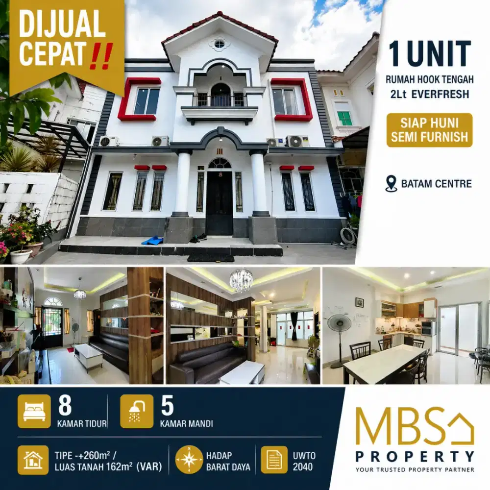 1 Unit Rumah Hook Tengah 2Lt Everfresh Siap Huni Semi Furnish, Batam