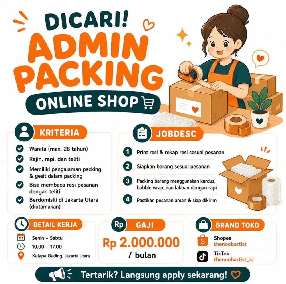 Admin Packing & Produksi Online Shop Barang DIY kelapa gading jakut