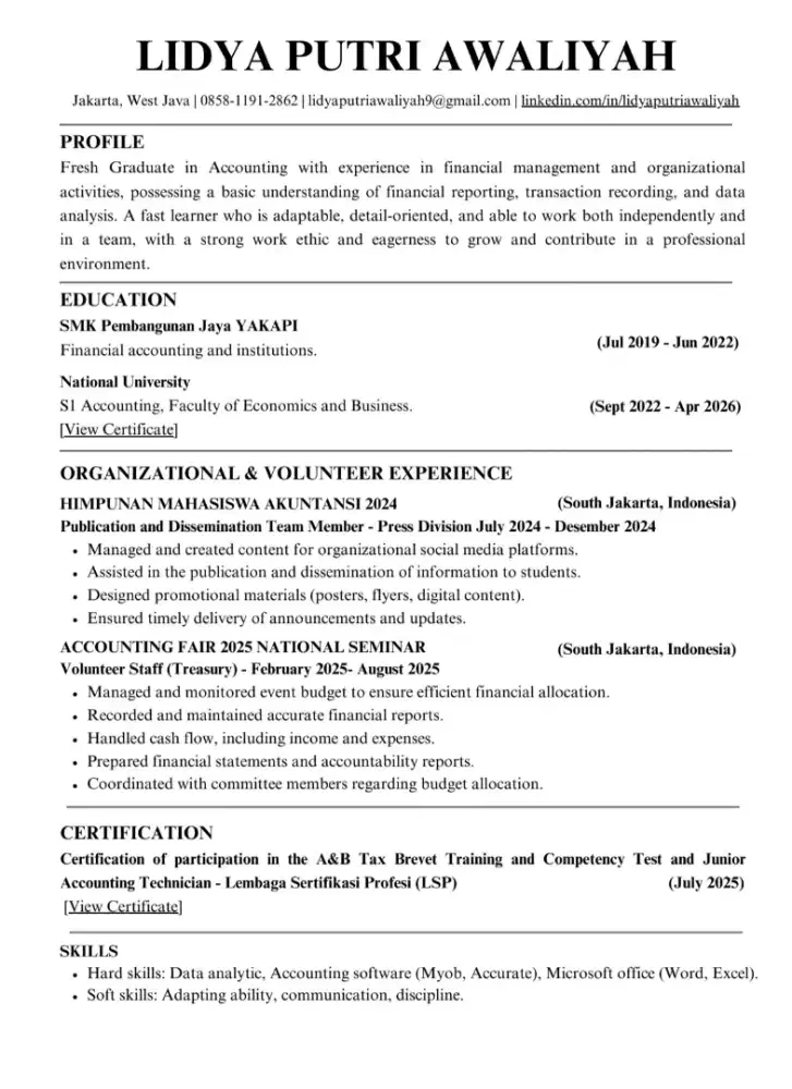 Fresh Graduate Accounting | Finance & Admin Staff