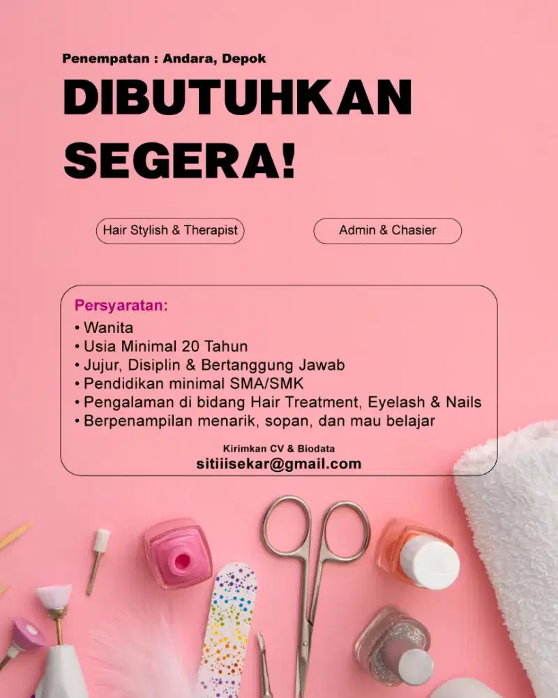 Lowongan Kerja, Hair Stylist, Admin, Cashier