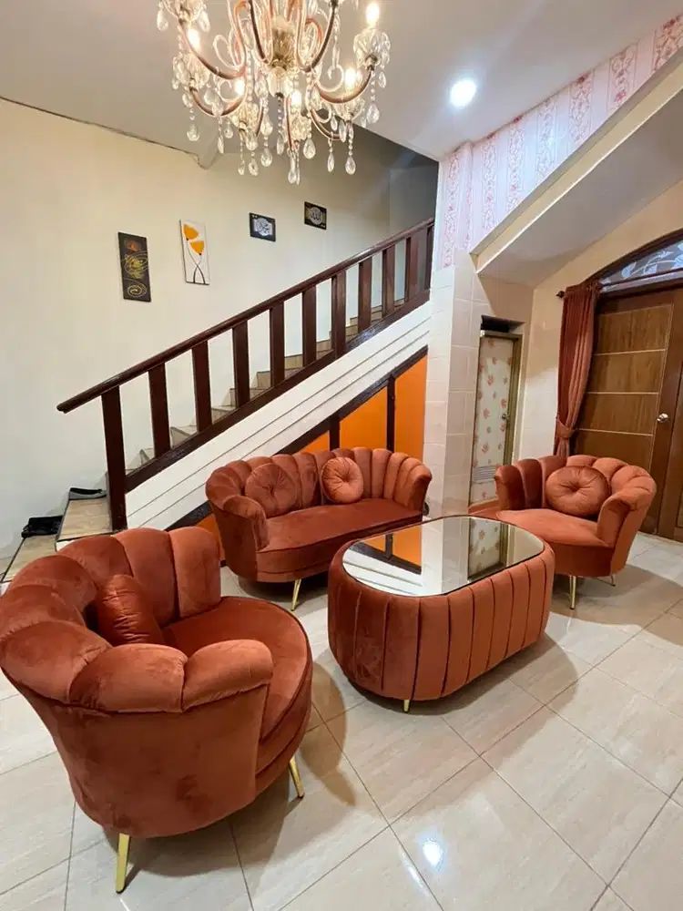 DIJUAL MURAH SOFA BLUDRU SET MEJA KURSI FREE TOPLES GOLD,GORDEN RENDA