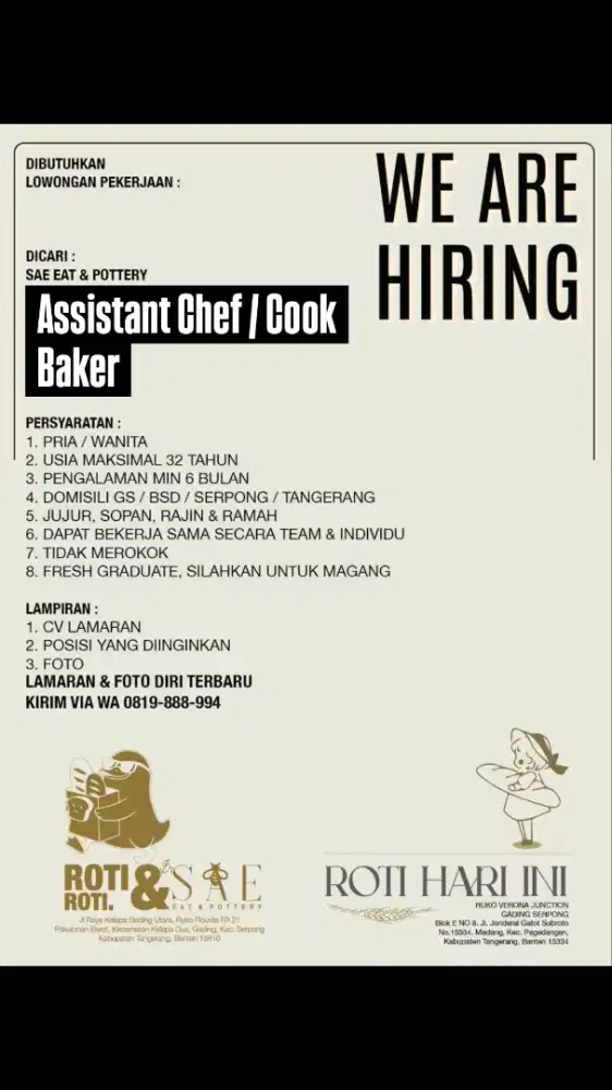 LOKER ASSISTANT  CHEF & BAKER