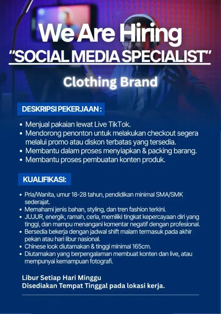 DIBUTUHKAN SOCIAL MEDIA SPECIALIST (LIVE & KONTEN) BRAND FASHION