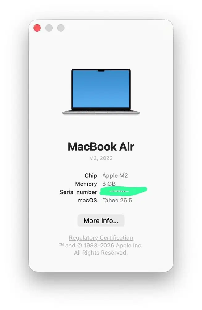 Jual Macbook Air M2 , 256GB, RAM 8gb, tahun 2022