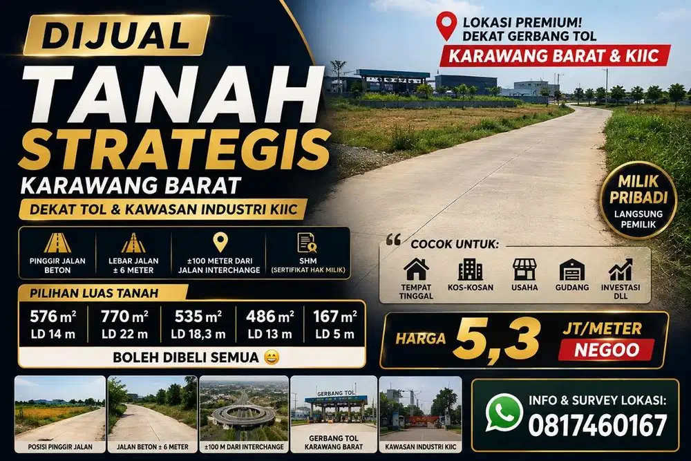 Dijual Tanah Strategis Dekat Toll Karawang Barat, KIIC, Mall | SHM
