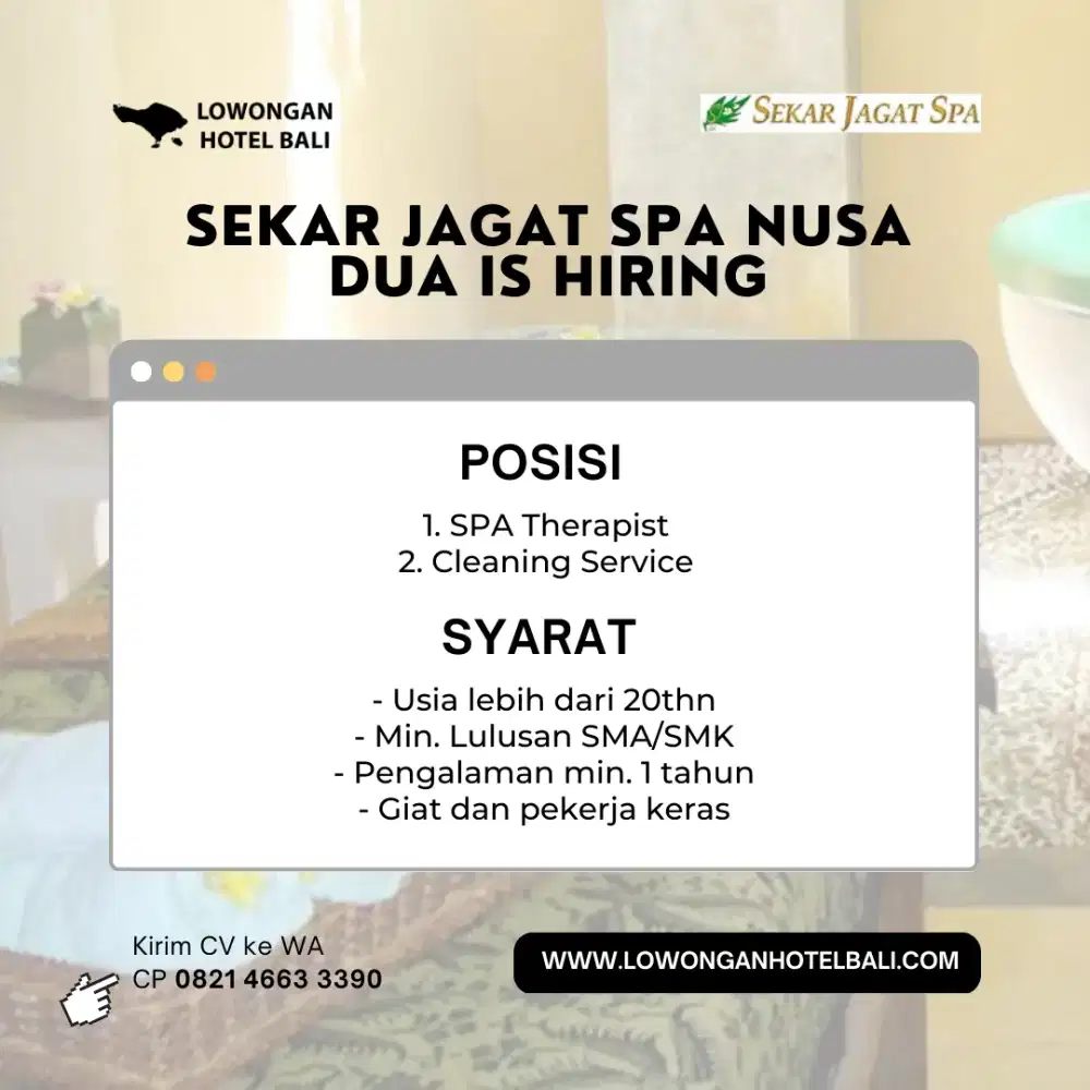 Lowongan kerja di outlet Spa. Art & Therapist Wanita