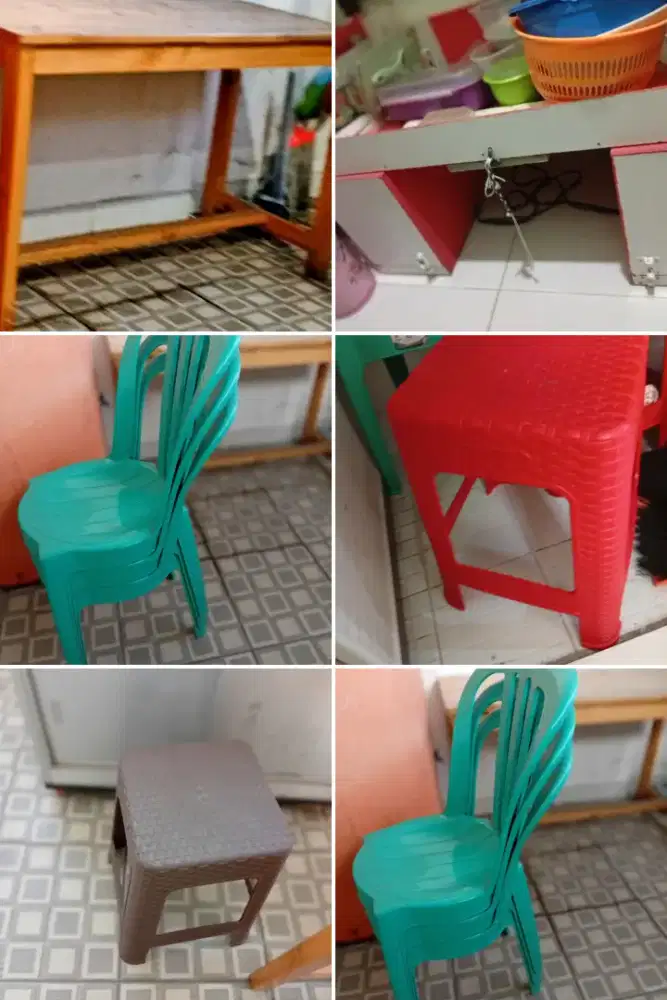 meja kayu, bangku plastik
