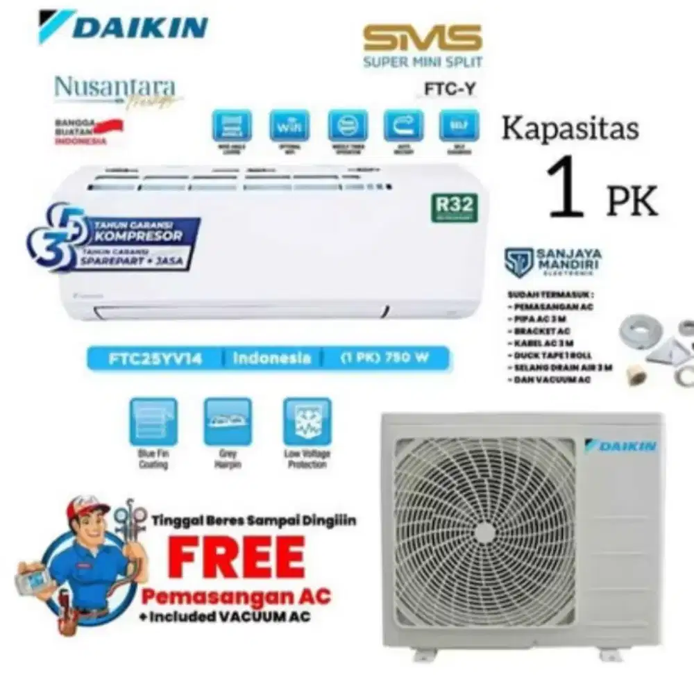Daikin AC Split Standard 1 PK SMS Super Mini R32 1 PK - FTC25YV1