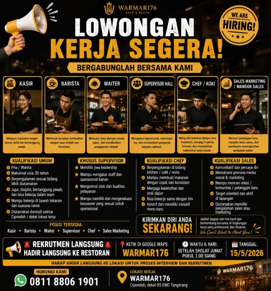 Lowongan Kerja Warmar176 Cafe & Resto Cipondoh