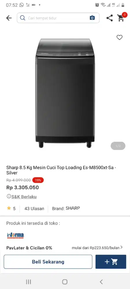 Sharp mesin cuci 8kg