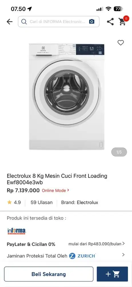 mesin cuci electrolux front loading 8kg ewf8004