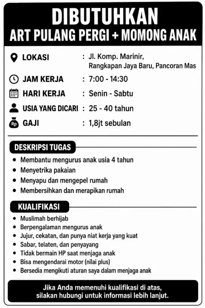 Dicari ART pulang pergi + momong anak