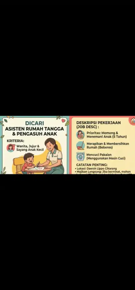 Dicari Asisten Rumah Tangga dan Momong Anak 5 Tahun