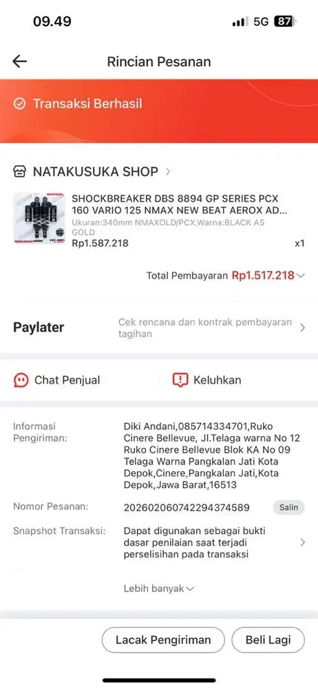 Shok belakang Motor