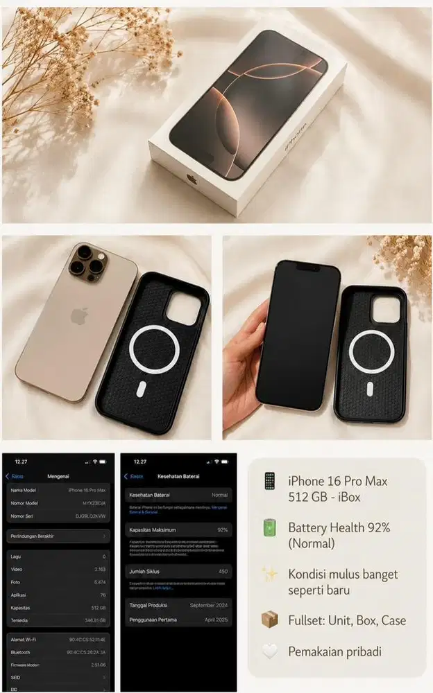 iPhone 16 Pro Max 512GB BH 92% Fullset iBox Mulus Like New