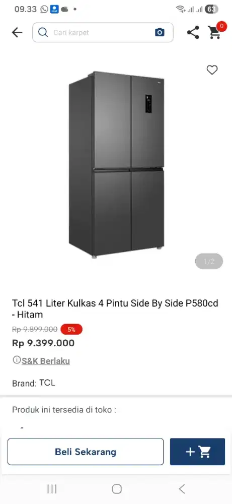 Tcl 541 liter kulkas 4 pintu side by side p580cd