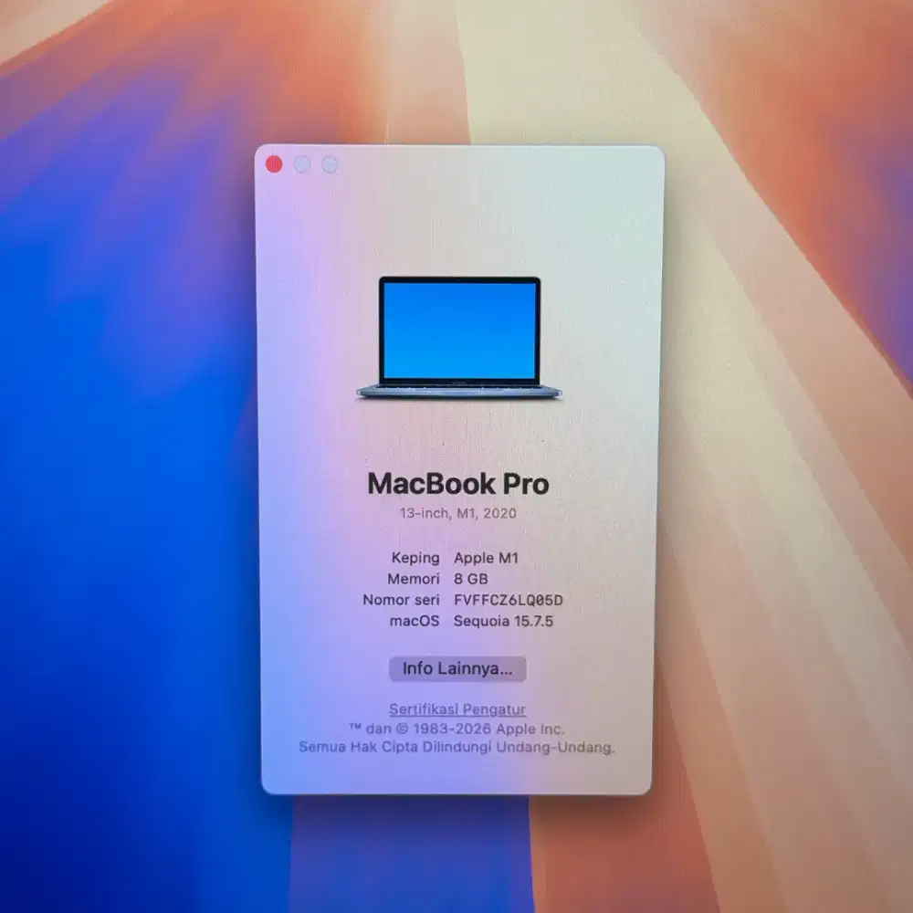 Macbook Pro M1 Layar 13 Inch Ram 8 Ssd 256 Space Grey Touchbar.
