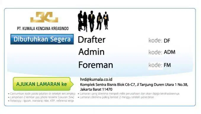 Lowongan Iklan / Loker DRAFTER, ADMIN dan FOREMAN