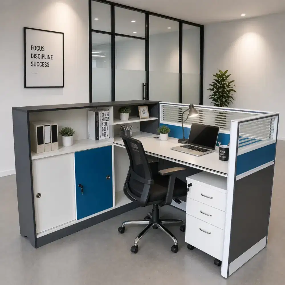 MEJA PARTISI KANTOR L SHAPE | MEJA KERJA MODERN | MEJA KOMPUTER + LACI