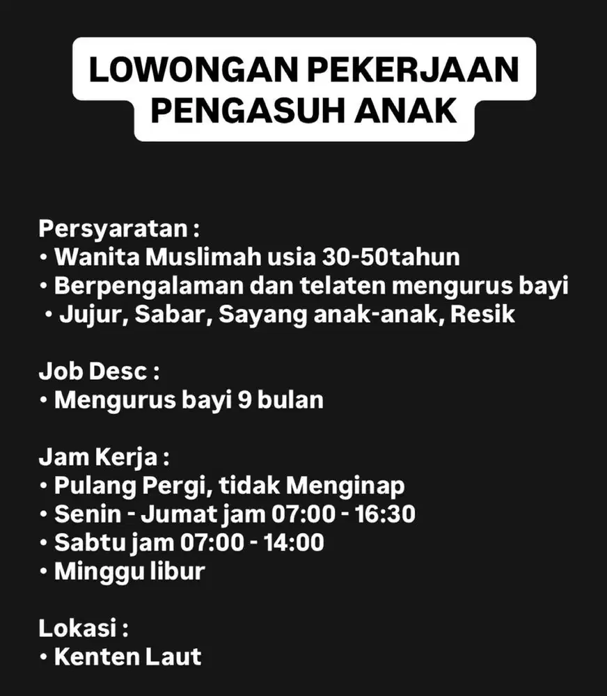 LOWONGAN PEKERJAAN PENGASUH ANAK