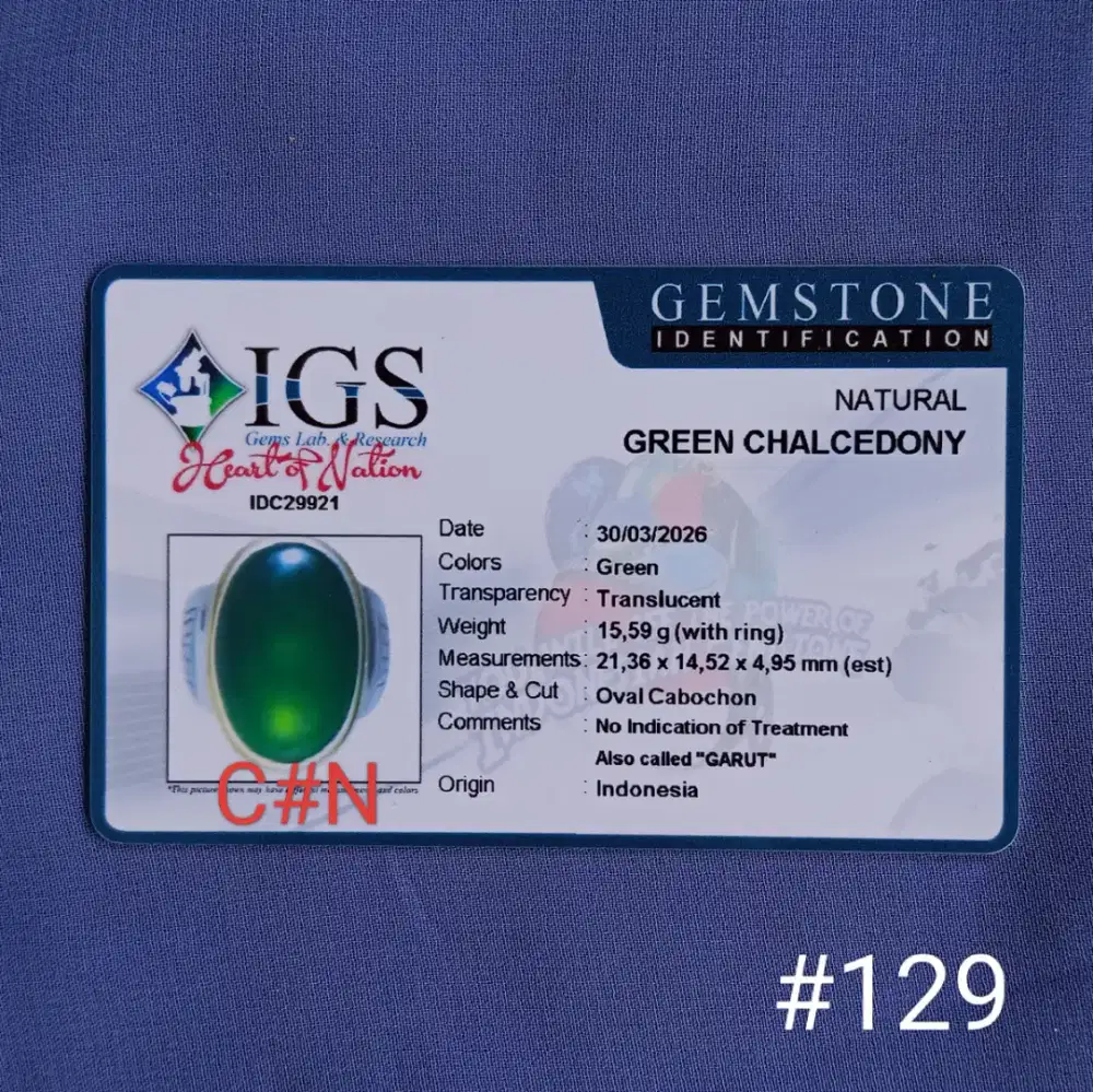 Batu natural green Chalcedony, batu hijau Garut. Gem id card IGS