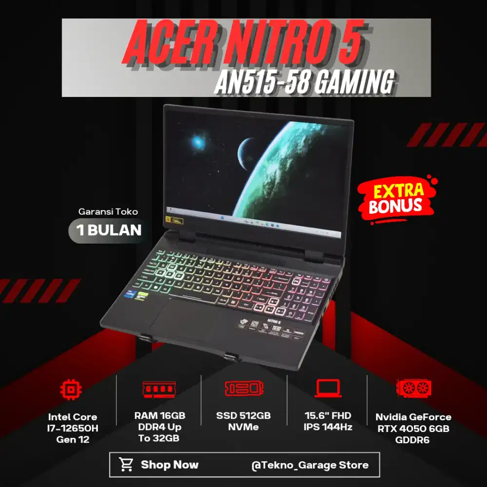 ACER NITRO 5 AN515-58 CORE I7-12650H RAM 16GB SSD 512GB RTX 4050