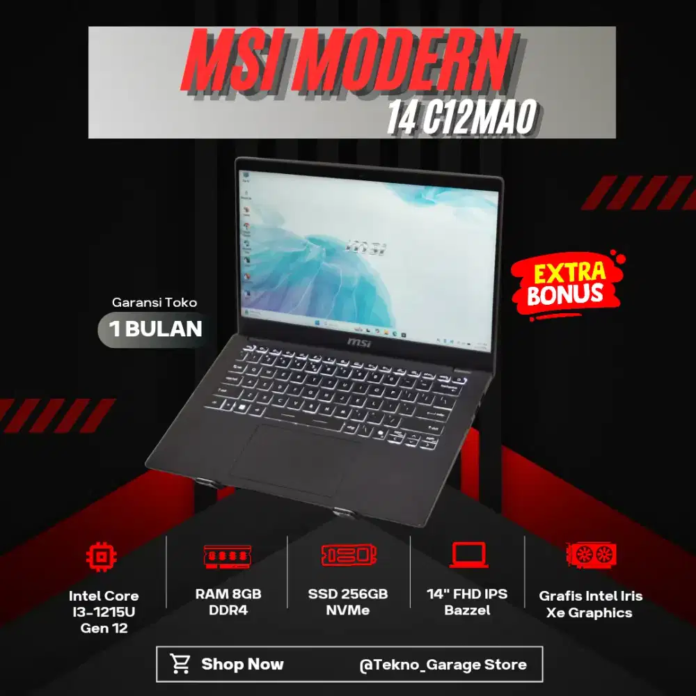 MSI MODERN 14 C12MAO CORE I3-1215U RAM 8GB SSD 256GB 14INCI FHD IPS