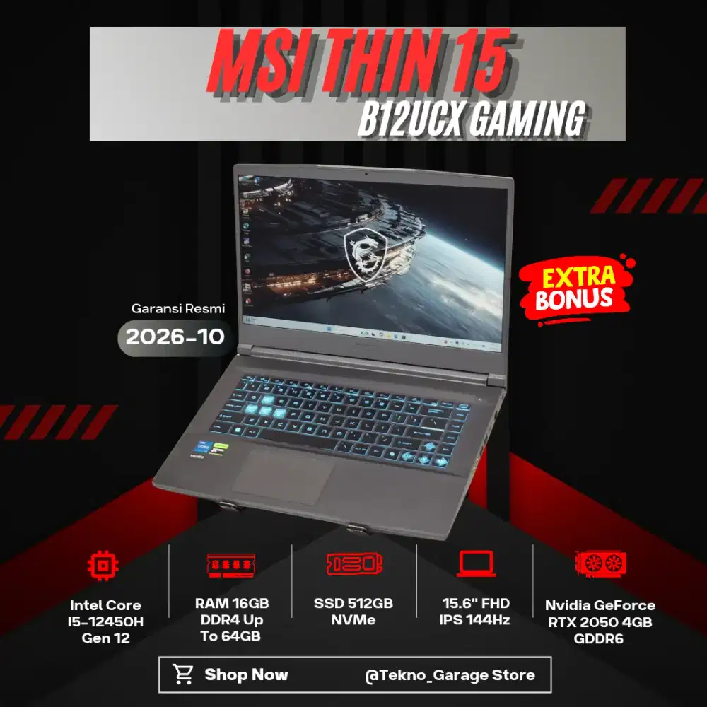 MSI THIN 15 B12UCX CORE I5-12450H RAM 16GB SSD 512GB NVIDIA RTX 2050