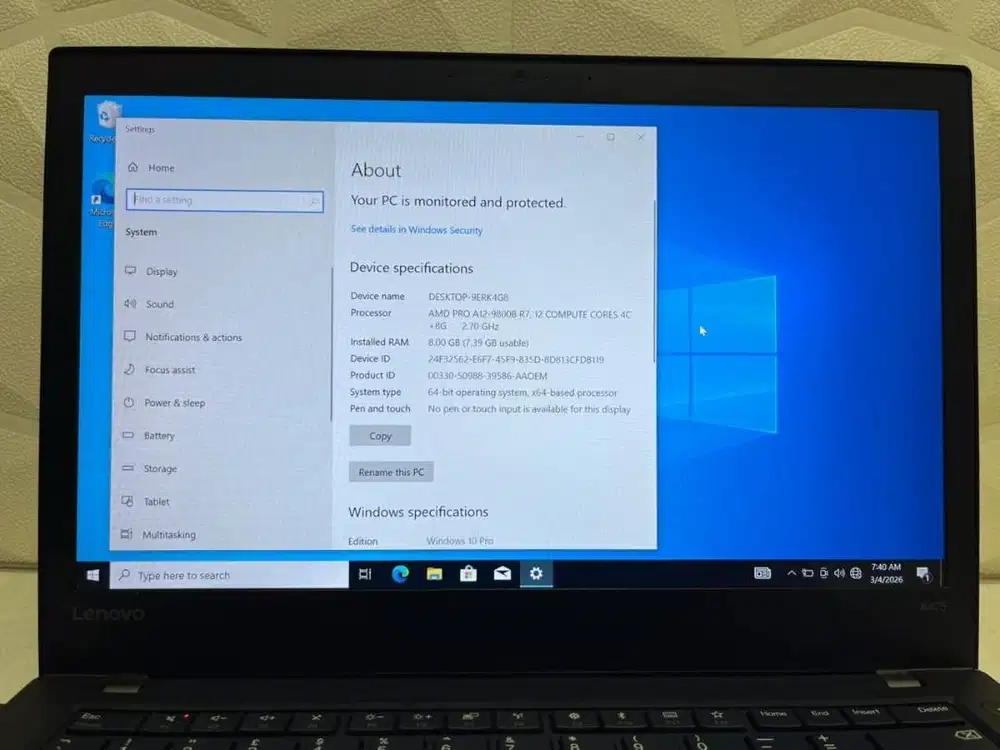 LAPTOP LENOVO THINKPAD A475 AMD PRO 12 RAM 8/256GB SECOND