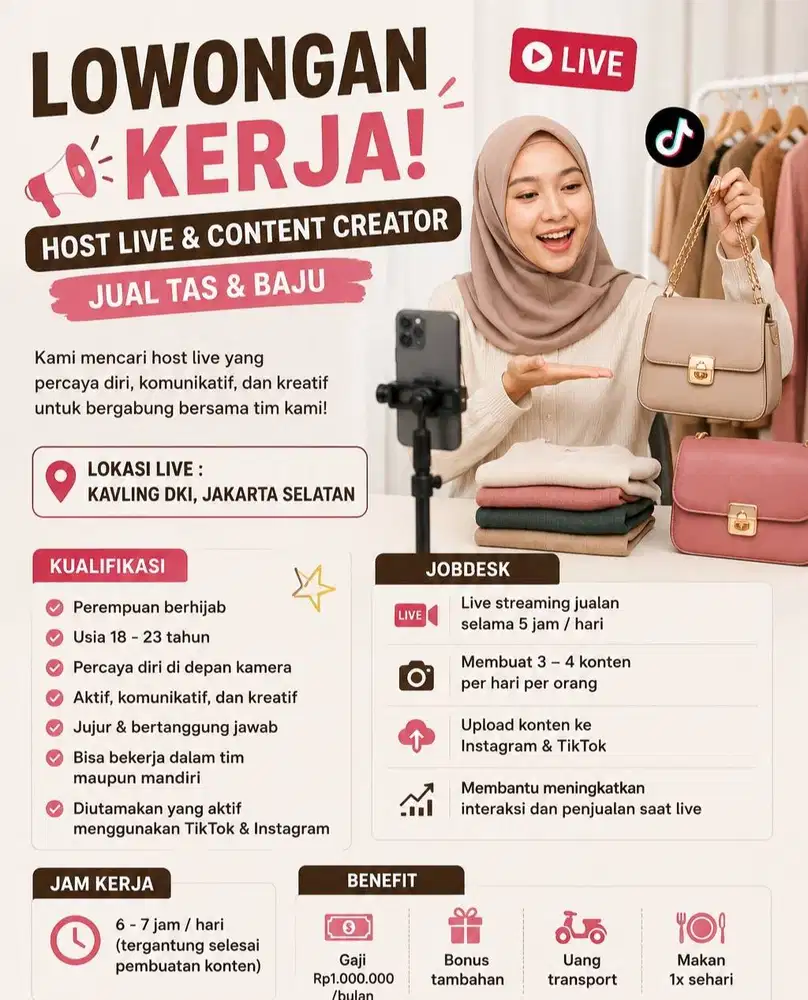 LOWONGAN KERJA — HOST LIVE & CONTENT CREATOR TAS DAN BAJU