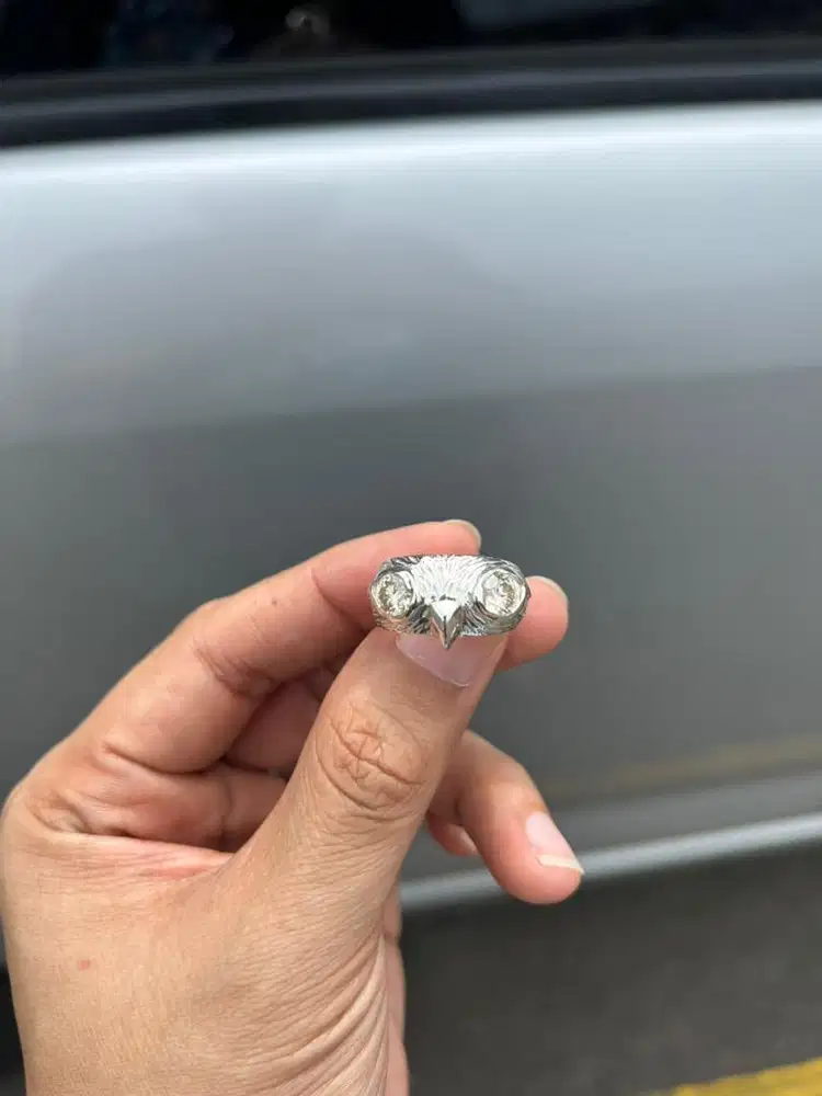 Cincin perak model mata burung 2 moissanite diamond lingkar 6-6.5 cm