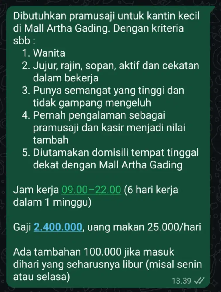 Dibutuhkan Pramusaji untuk Kantin Kecil Di Mall Artha Gading