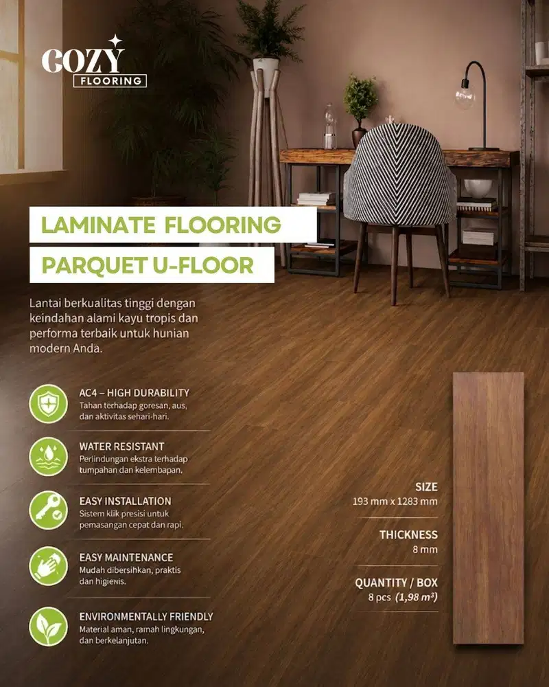 Lantai Kayu U-Floor Parket Laminated Tebal 8mm / Parket klik motif