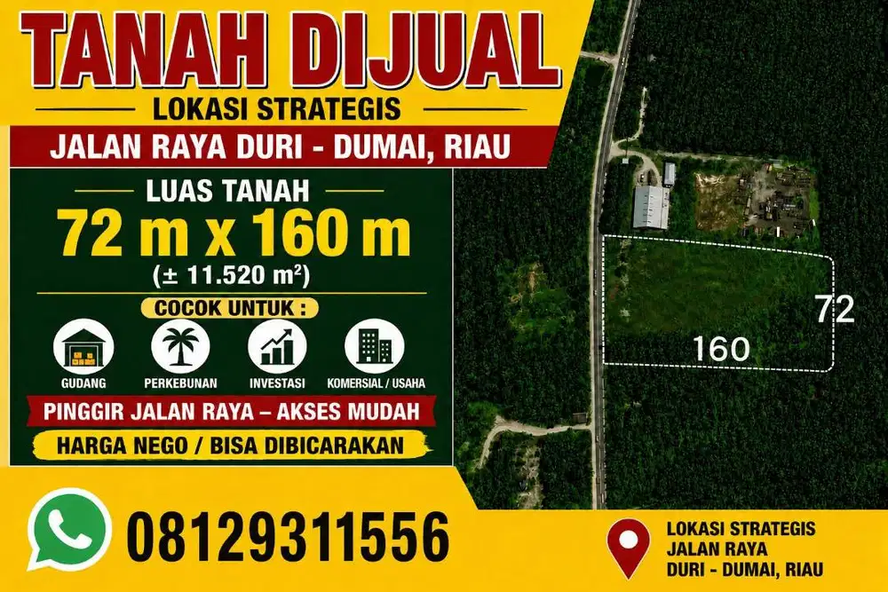 Tanah Di JUAL ukuran 72 m X 162 m,Jl. Raya Duri-Dumai Riau Harga Nego
