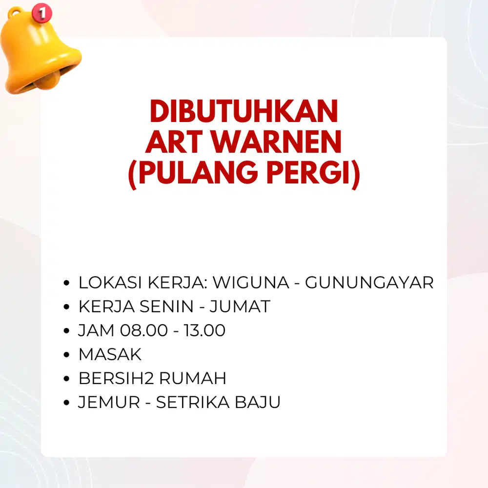 DIBUTUHKAN ART WARNEN PULANG PERGI DAERAH WIGUNA