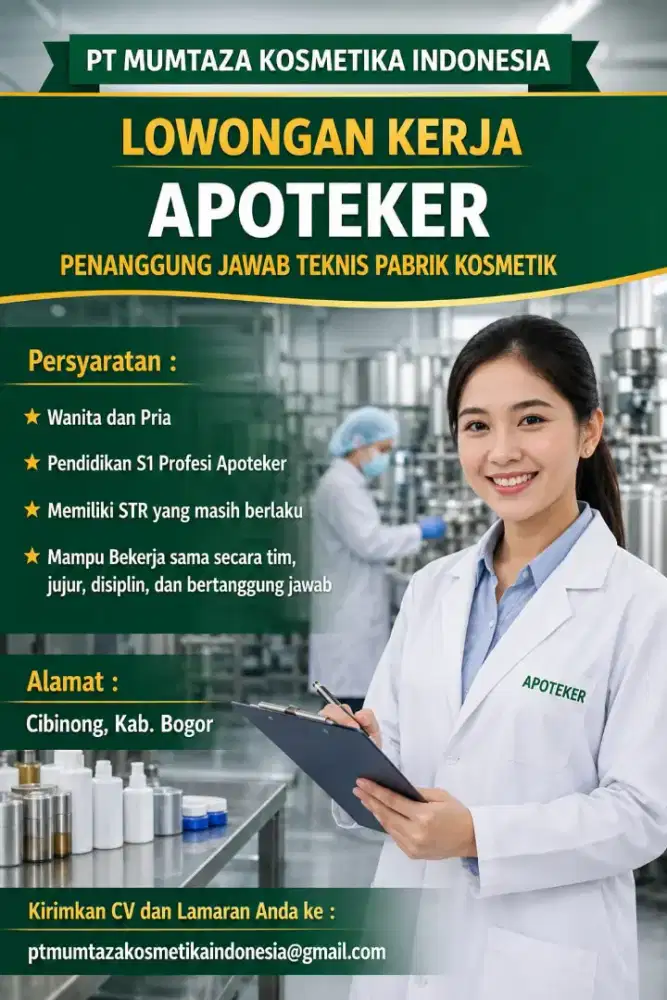 LOWONGAN KERJA APOTEKER PABRIK KOSMETIK