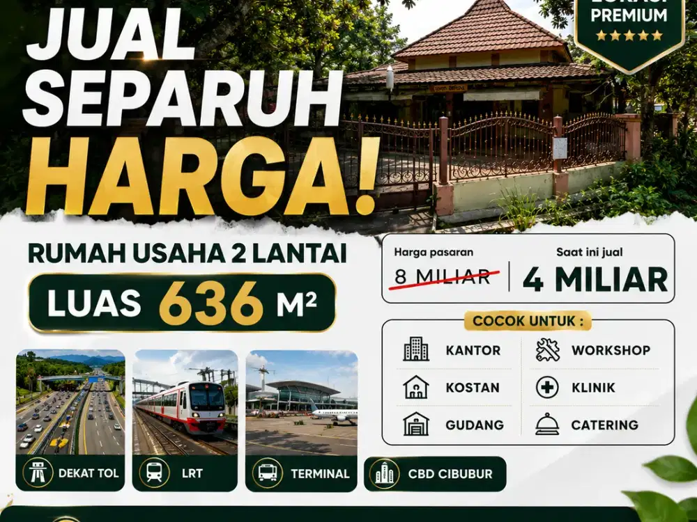 Rumah Usaha Tanah Luas di Pondok Rangon Cibubur Jakarta Timur Jual Separuh Harga