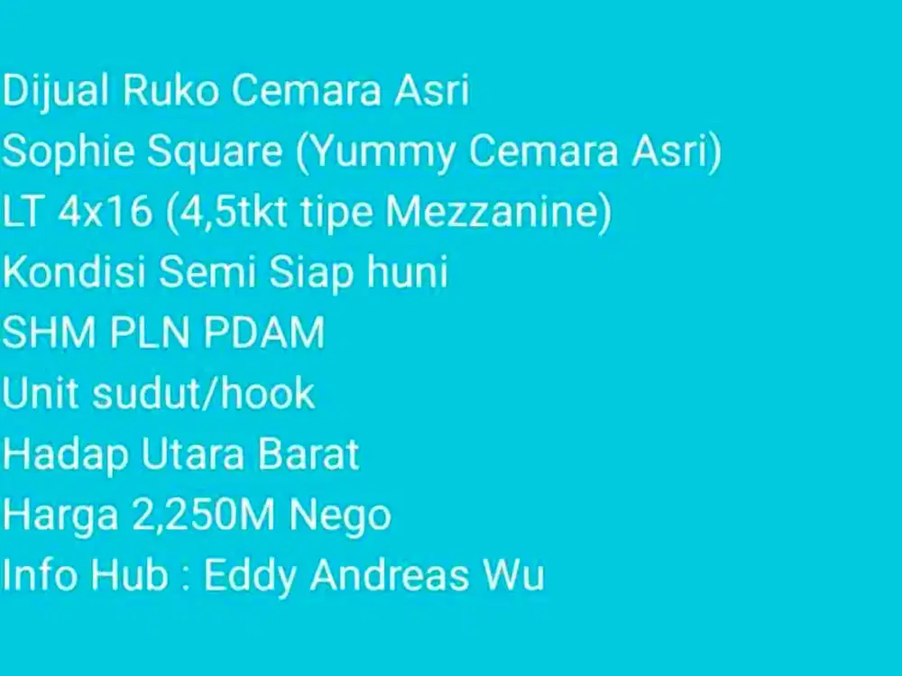 Dijual Ruko Cemara Asri Sophie Square (Hook)