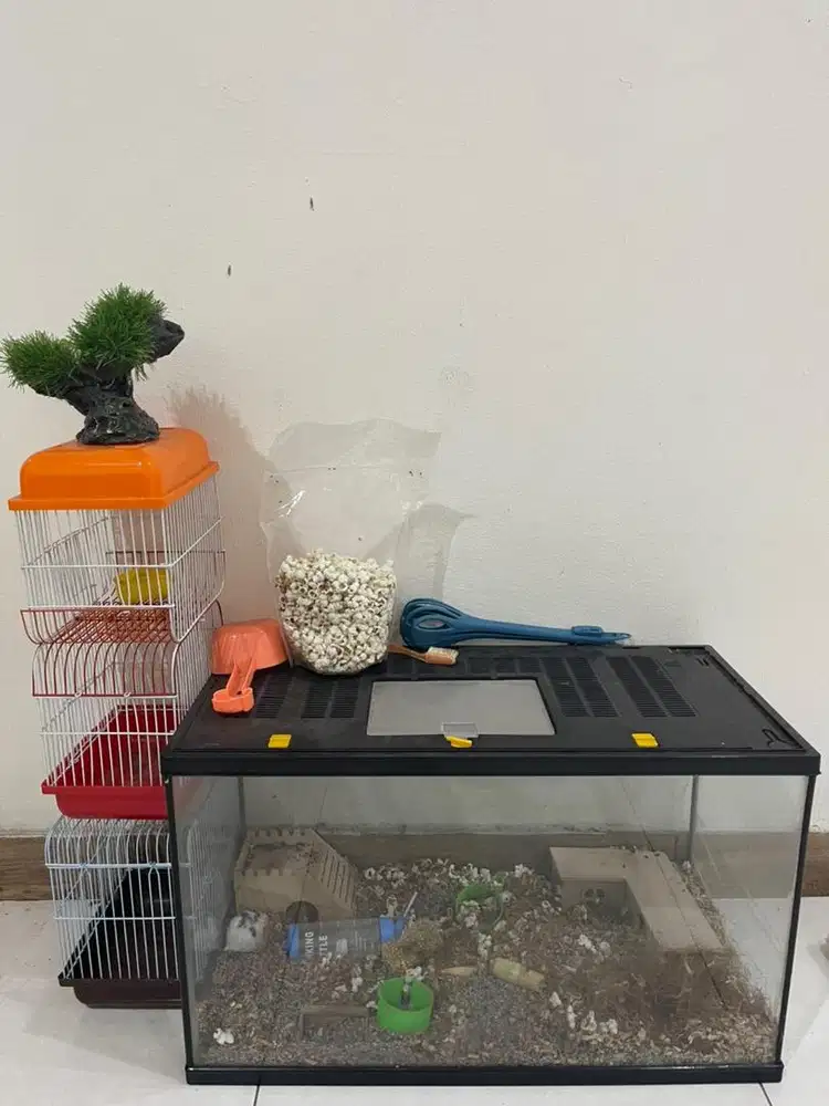 1 set, aquarium hamster dan kandang kecil
