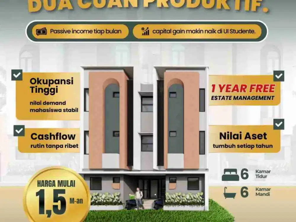 Jual Kosan Baru  Dekat UI  6 Kamar + 6 KM, Kos di Kampus UI Kota Depok (1 Unit Terakhir)