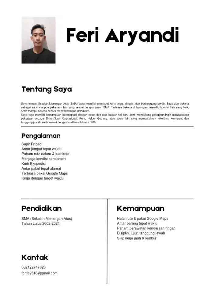 Supir Rajin & Bertanggung Jawab – Siap Kerja